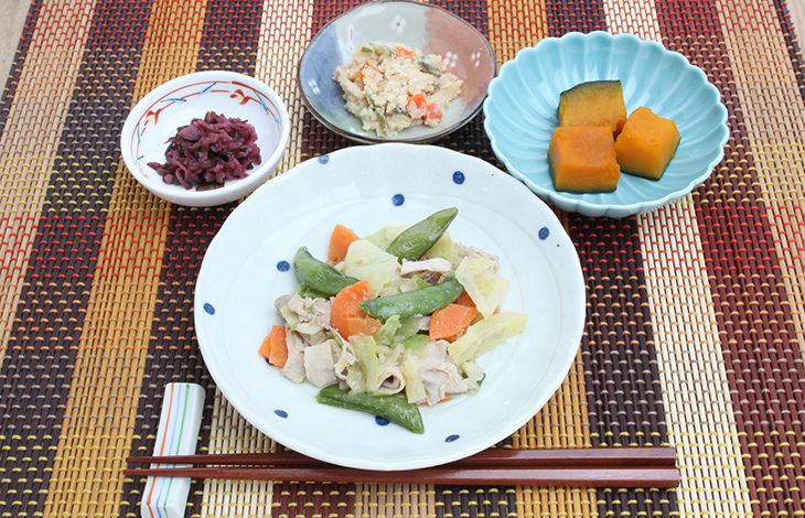 豚肉と3種の野菜塩炒め献立