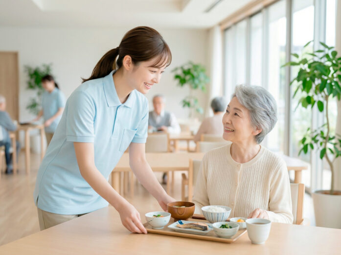 介護施設で食事を提供する女性
